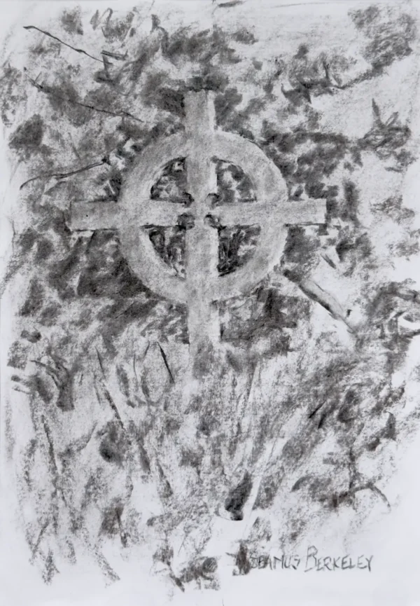 Charcoal drawing of a Celtic Cross in a field.